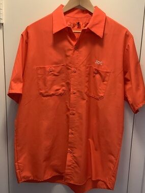 Men's Short-Sleeve Button-Down Work Shirt in Orange with Embroidered Name Logo